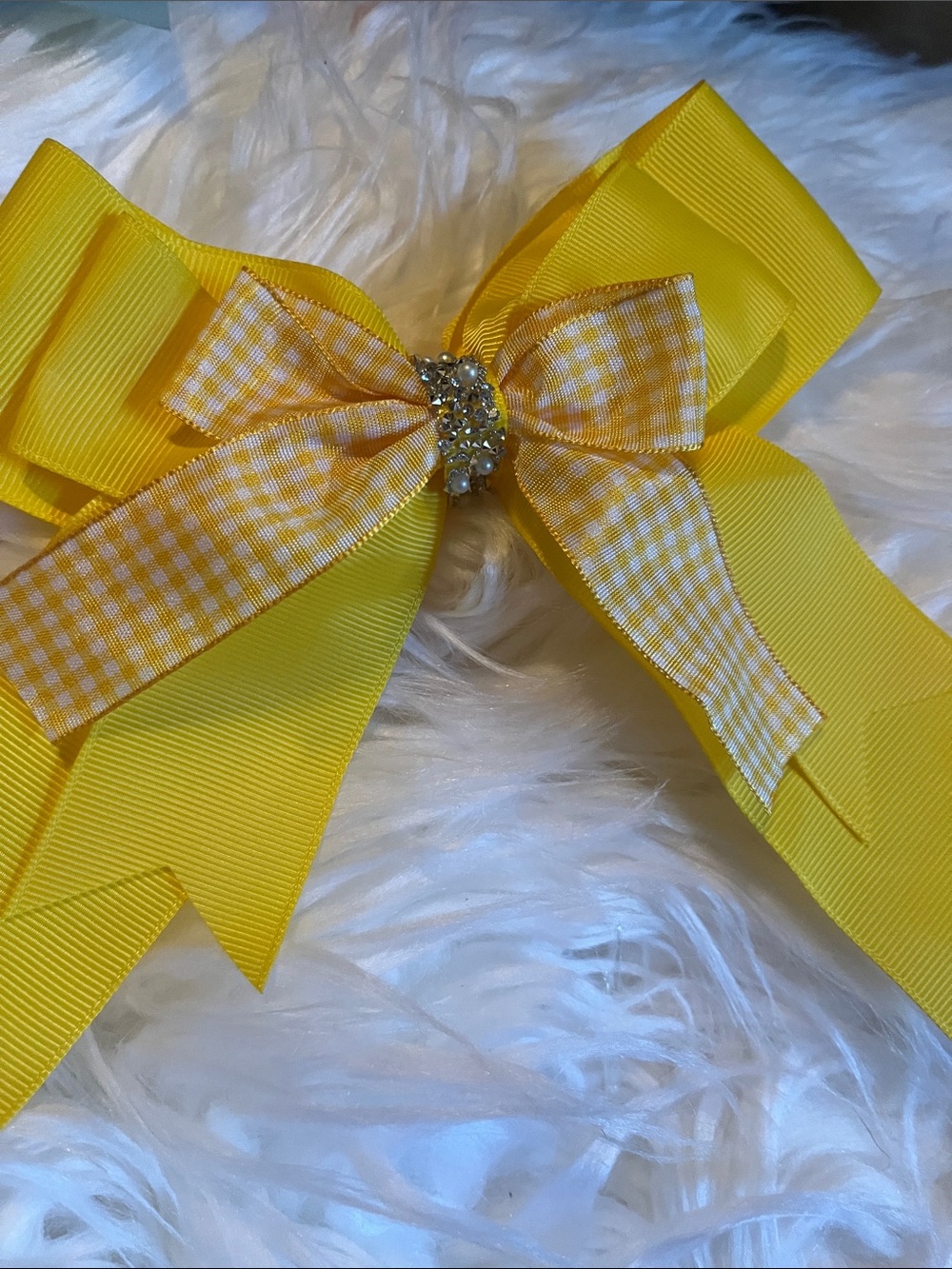 Yellow Gingham Layered Hair Bow with Rhinestone Center